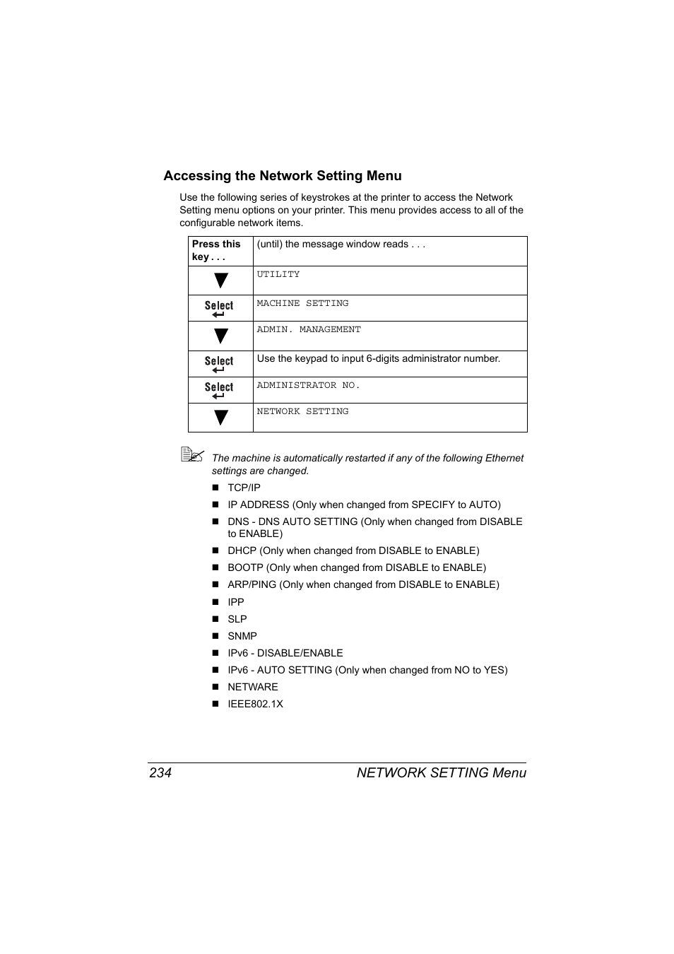 Accessing the network setting menu, Accessing the network setting menu 234 | Konica Minolta MAGICOLOR 4695MF User Manual | Page 258 / 546