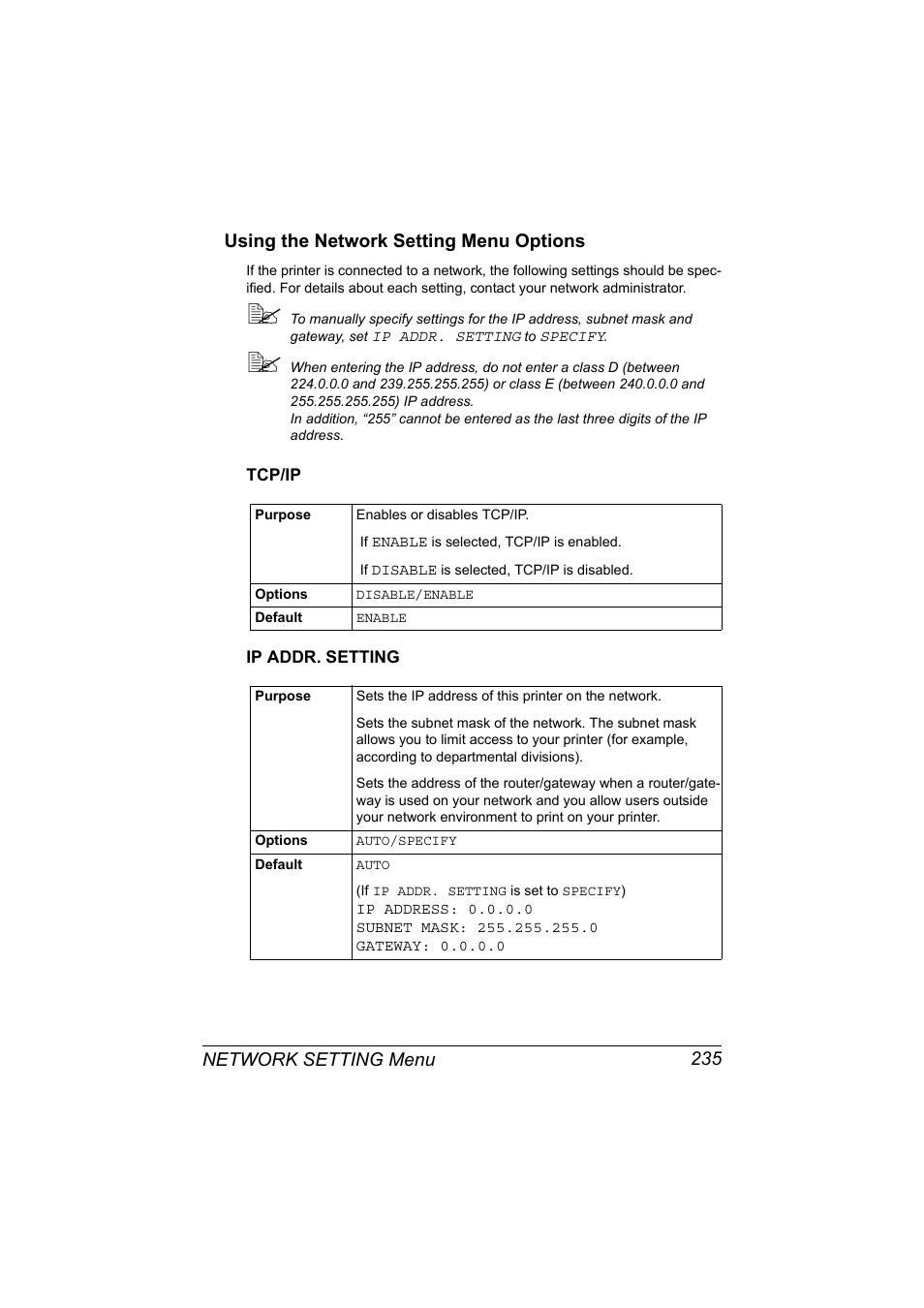 Using the network setting menu options, Tcp/ip, Ip addr. setting | Using the network setting menu options 235, Tcp/ip 235 ip addr. setting 235 | Konica Minolta MAGICOLOR 4695MF User Manual | Page 259 / 546