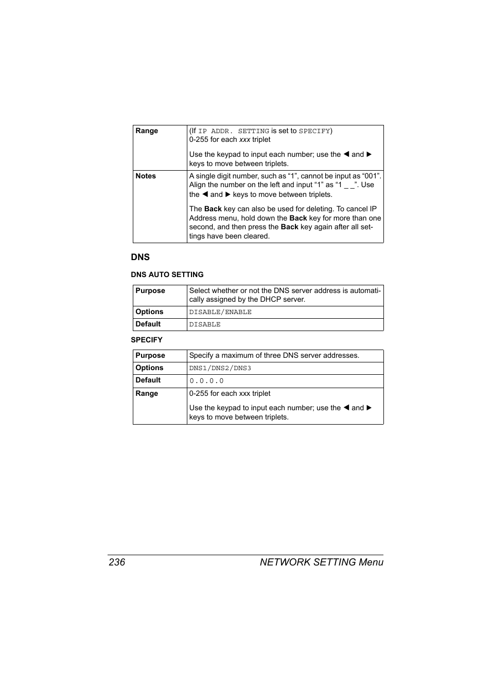 Dns 236, Network setting menu 236 | Konica Minolta MAGICOLOR 4695MF User Manual | Page 260 / 546