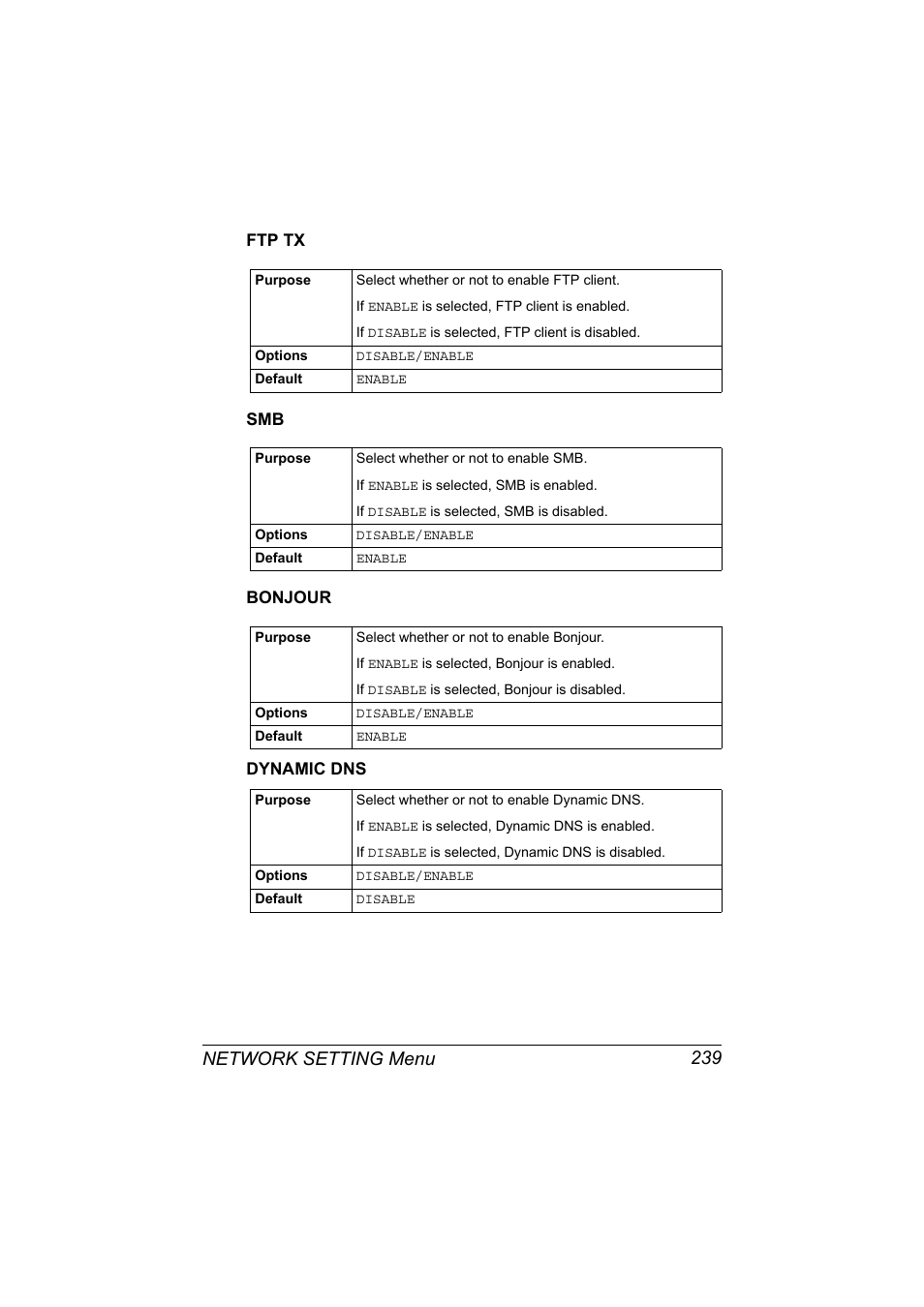 Ftp tx, Bonjour, Ftp tx 239 smb 239 bonjour 239 | Network setting menu 239 | Konica Minolta MAGICOLOR 4695MF User Manual | Page 263 / 546