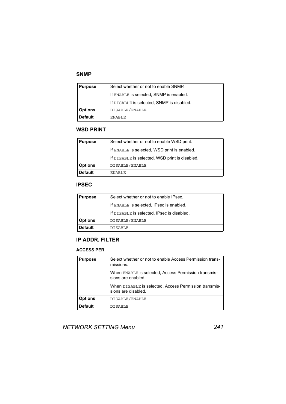 Snmp, Wsd print, Ipsec | Ip addr. filter, Network setting menu 241 | Konica Minolta MAGICOLOR 4695MF User Manual | Page 265 / 546