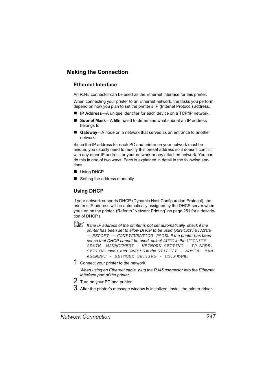 Making the connection, Ethernet interface, Using dhcp | Making the connection 247, Ethernet interface 247 using dhcp 247 | Konica Minolta MAGICOLOR 4695MF User Manual | Page 271 / 546