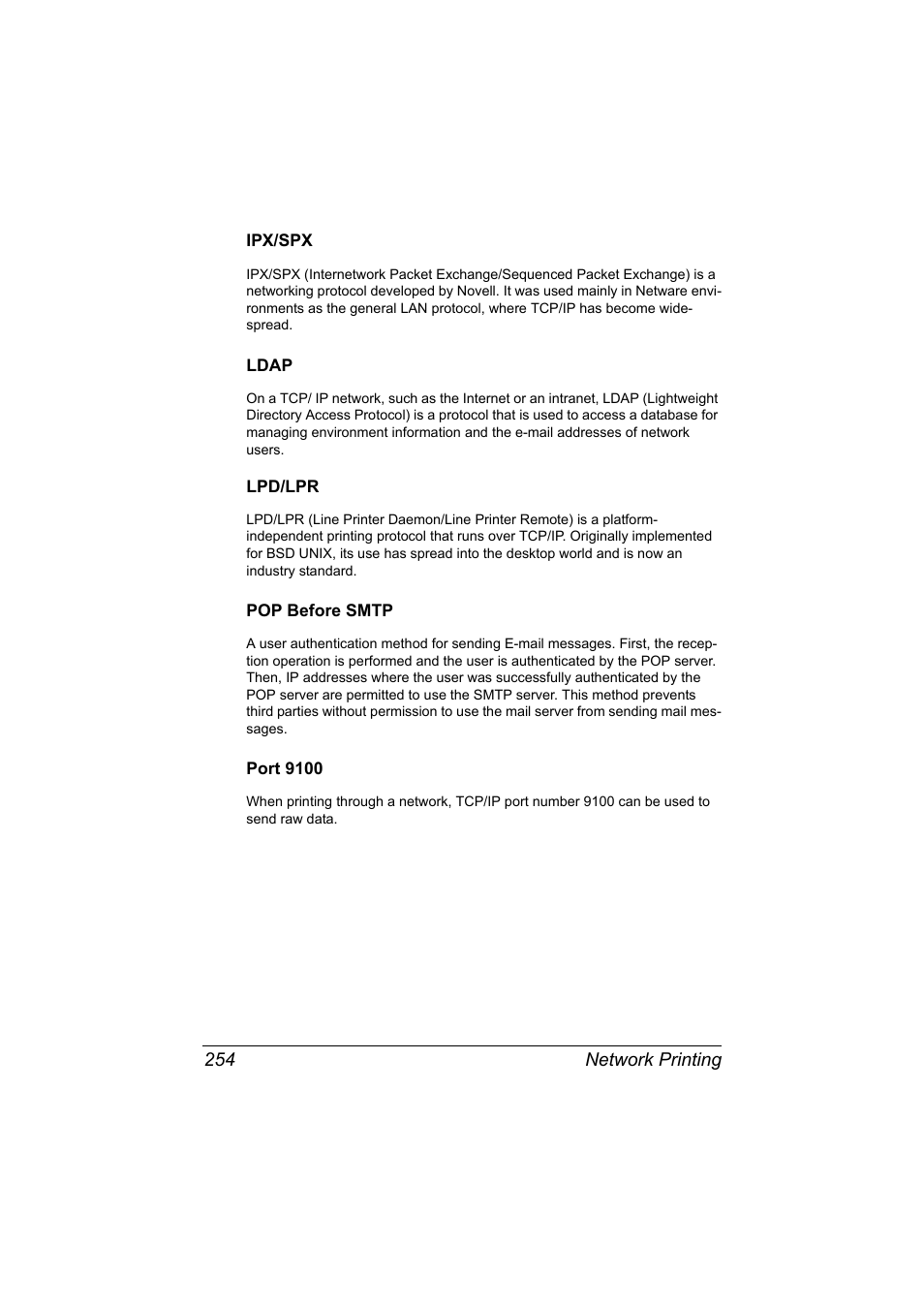 Ipx/spx, Ldap, Lpd/lpr | Pop before smtp, Port 9100 | Konica Minolta MAGICOLOR 4695MF User Manual | Page 278 / 546