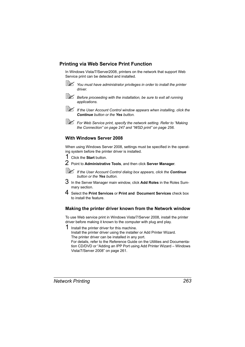 Printing via web service print function, With windows server 2008, Printing via web service print function 263 | Konica Minolta MAGICOLOR 4695MF User Manual | Page 287 / 546