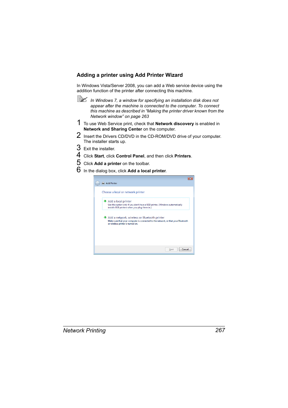 Adding a printer using add printer wizard, Adding a printer using add printer wizard 267 | Konica Minolta MAGICOLOR 4695MF User Manual | Page 291 / 546