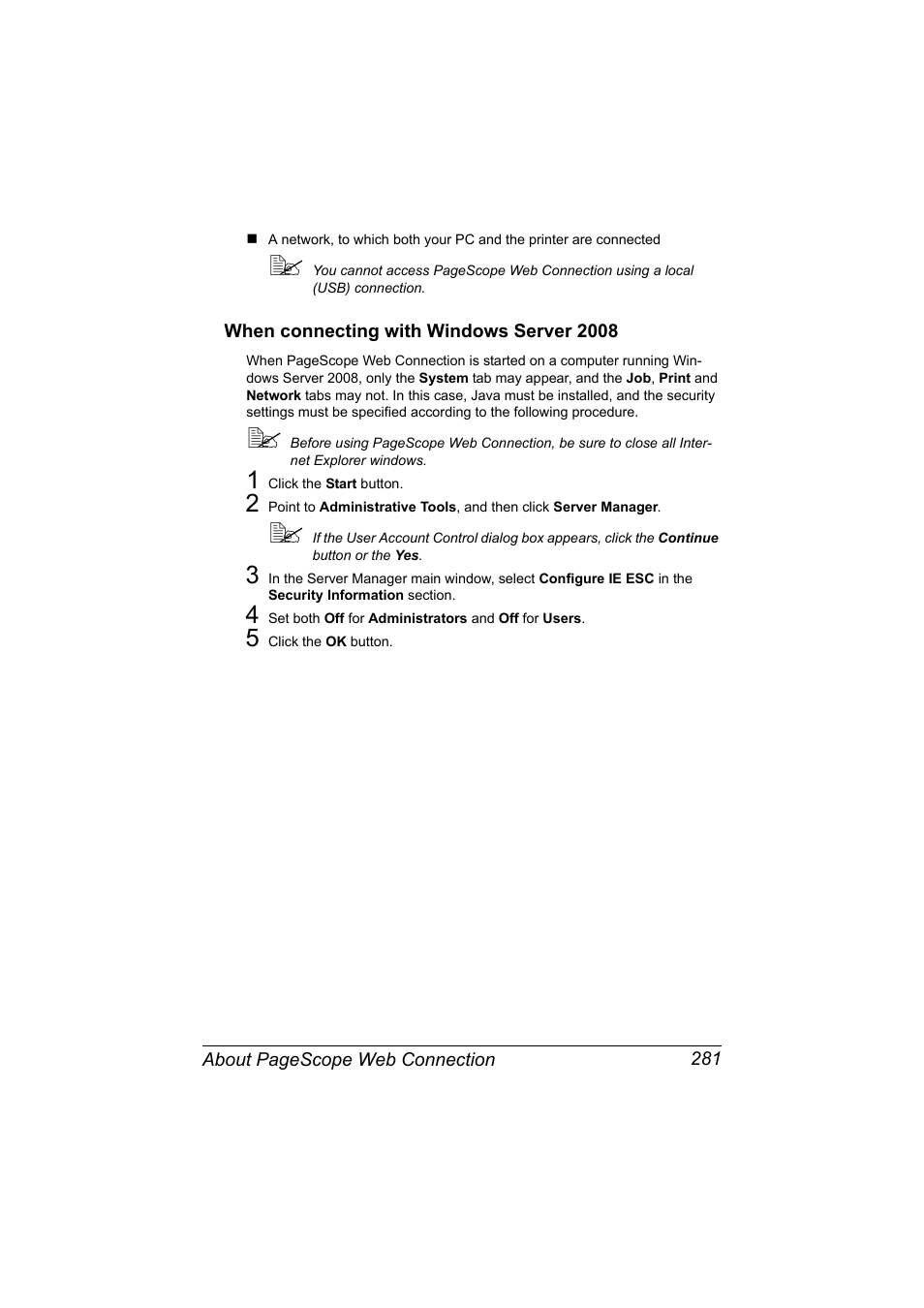 When connecting with windows server 2008, When connecting with windows server 2008 281 | Konica Minolta MAGICOLOR 4695MF User Manual | Page 305 / 546