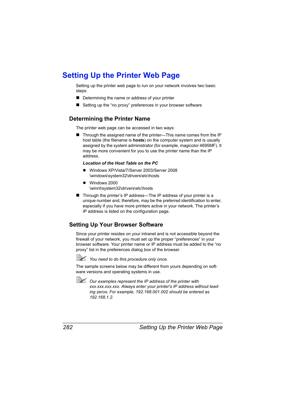 Determining the printer name, Setting up your browser software, Setting up the printer web page | Konica Minolta MAGICOLOR 4695MF User Manual | Page 306 / 546