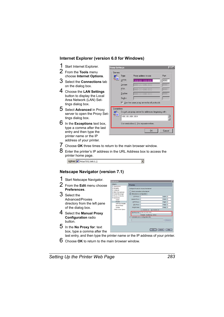 Internet explorer (version 6.0 for windows), Netscape navigator (version 7.1) | Konica Minolta MAGICOLOR 4695MF User Manual | Page 307 / 546