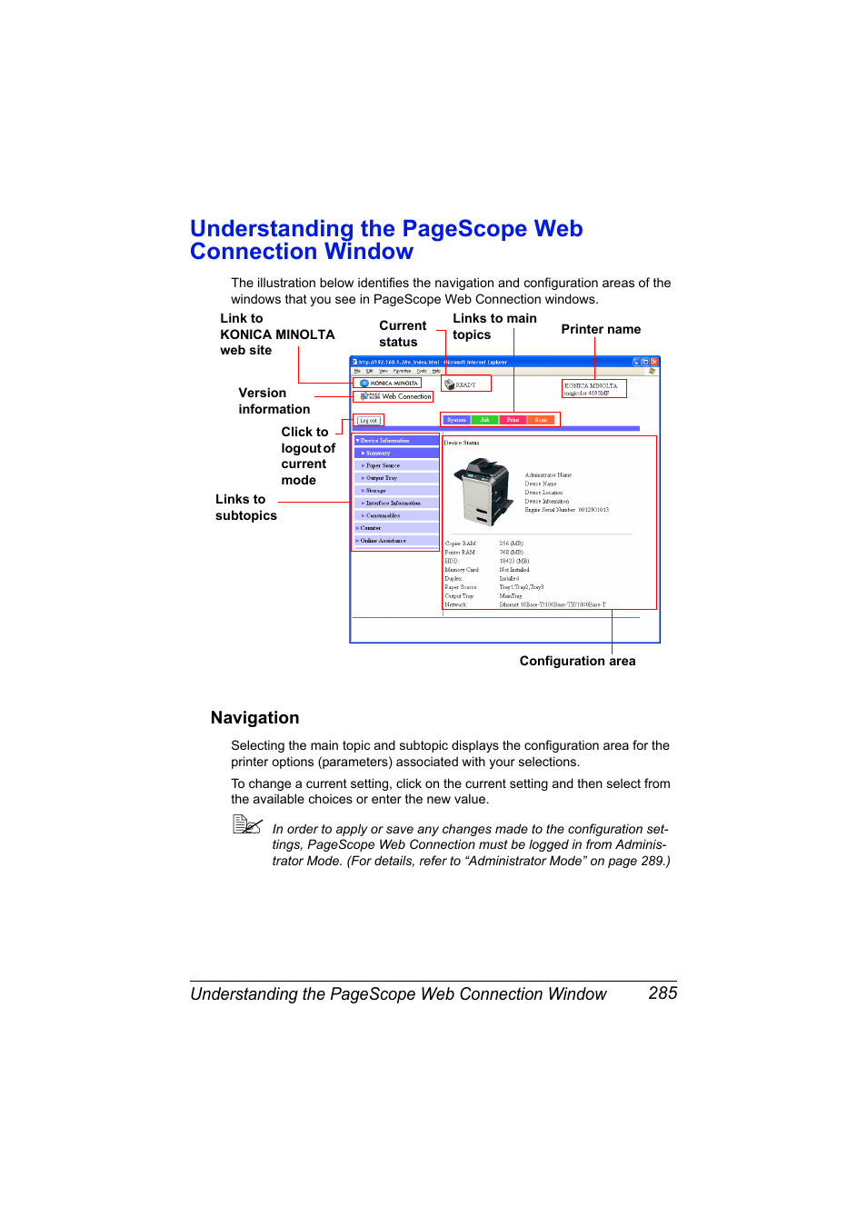 Navigation, Navigation 285, Understanding the pagescope web connection window | Konica Minolta MAGICOLOR 4695MF User Manual | Page 309 / 546