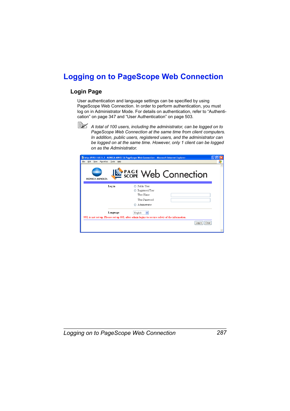 Logging on to pagescope web connection | Konica Minolta MAGICOLOR 4695MF User Manual | Page 311 / 546