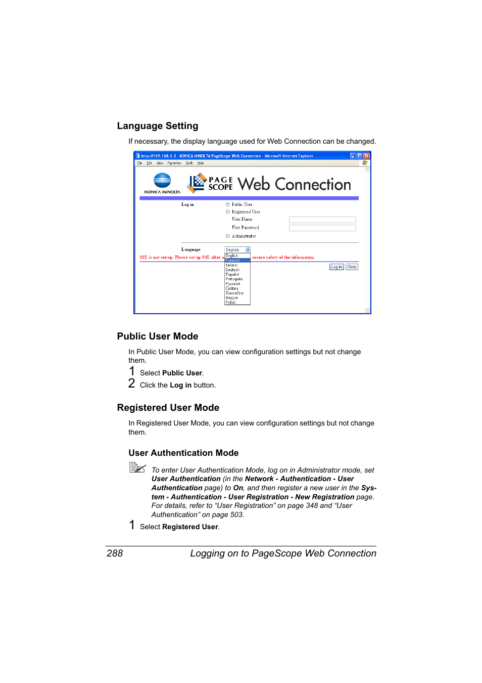 Language setting, Public user mode, Registered user mode | User authentication mode, User authentication mode 288 | Konica Minolta MAGICOLOR 4695MF User Manual | Page 312 / 546