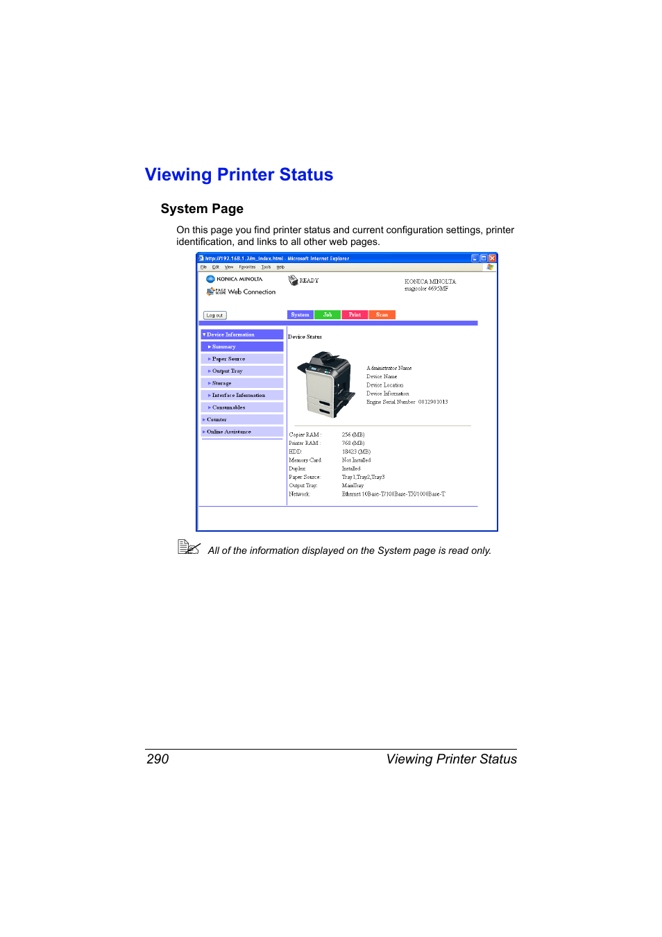 Viewing printer status, Viewing printer status 290 | Konica Minolta MAGICOLOR 4695MF User Manual | Page 314 / 546