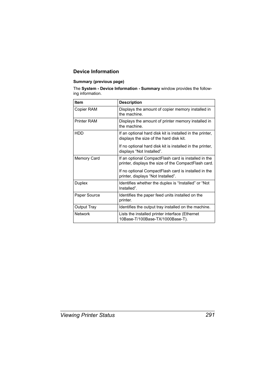 Device information, Device information 291, Viewing printer status 291 | Konica Minolta MAGICOLOR 4695MF User Manual | Page 315 / 546