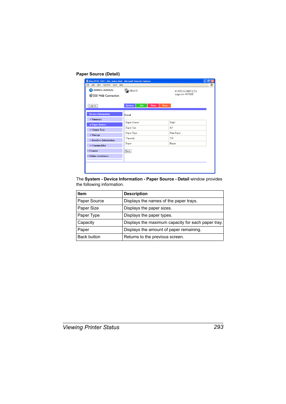 Viewing printer status 293 | Konica Minolta MAGICOLOR 4695MF User Manual | Page 317 / 546