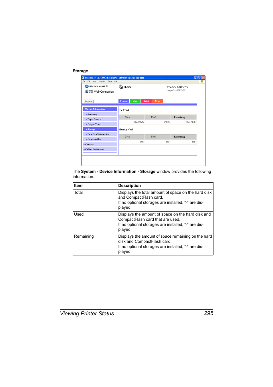 Viewing printer status 295 | Konica Minolta MAGICOLOR 4695MF User Manual | Page 319 / 546