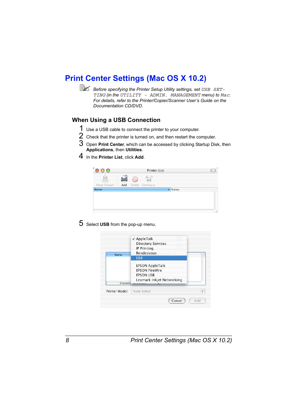 Print center settings (mac os x 10.2), When using a usb connection, Print center settings (mac os x 10.2) 8 | When using a usb connection 8 | Konica Minolta MAGICOLOR 4695MF User Manual | Page 32 / 546