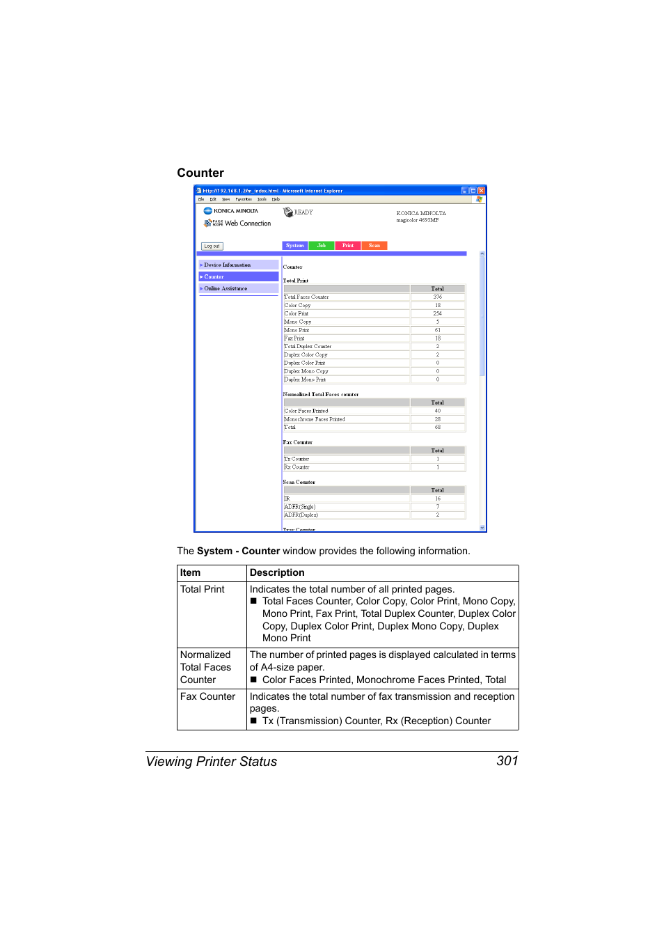Counter, Counter 301, Viewing printer status 301 | Konica Minolta MAGICOLOR 4695MF User Manual | Page 325 / 546