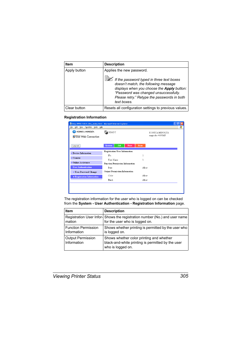 Viewing printer status 305 | Konica Minolta MAGICOLOR 4695MF User Manual | Page 329 / 546