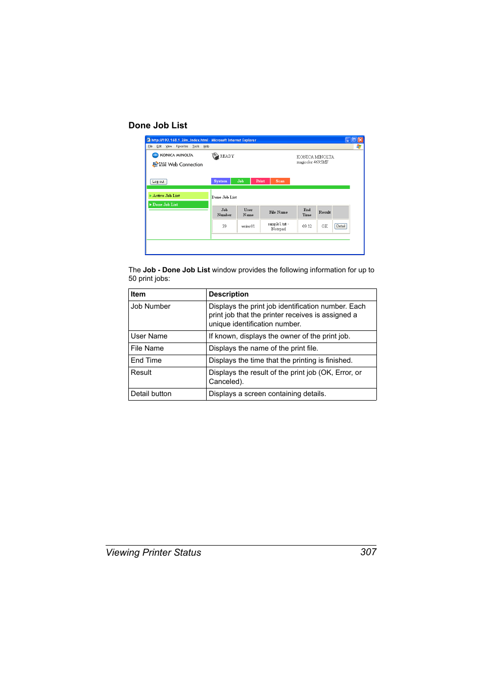 Done job list, Done job list 307, Viewing printer status 307 | Konica Minolta MAGICOLOR 4695MF User Manual | Page 331 / 546