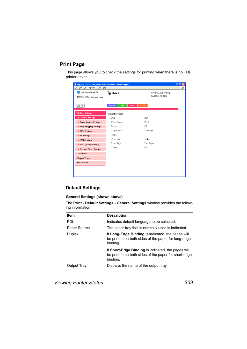 Default settings, Default settings 309, Viewing printer status 309 print page | Konica Minolta MAGICOLOR 4695MF User Manual | Page 333 / 546
