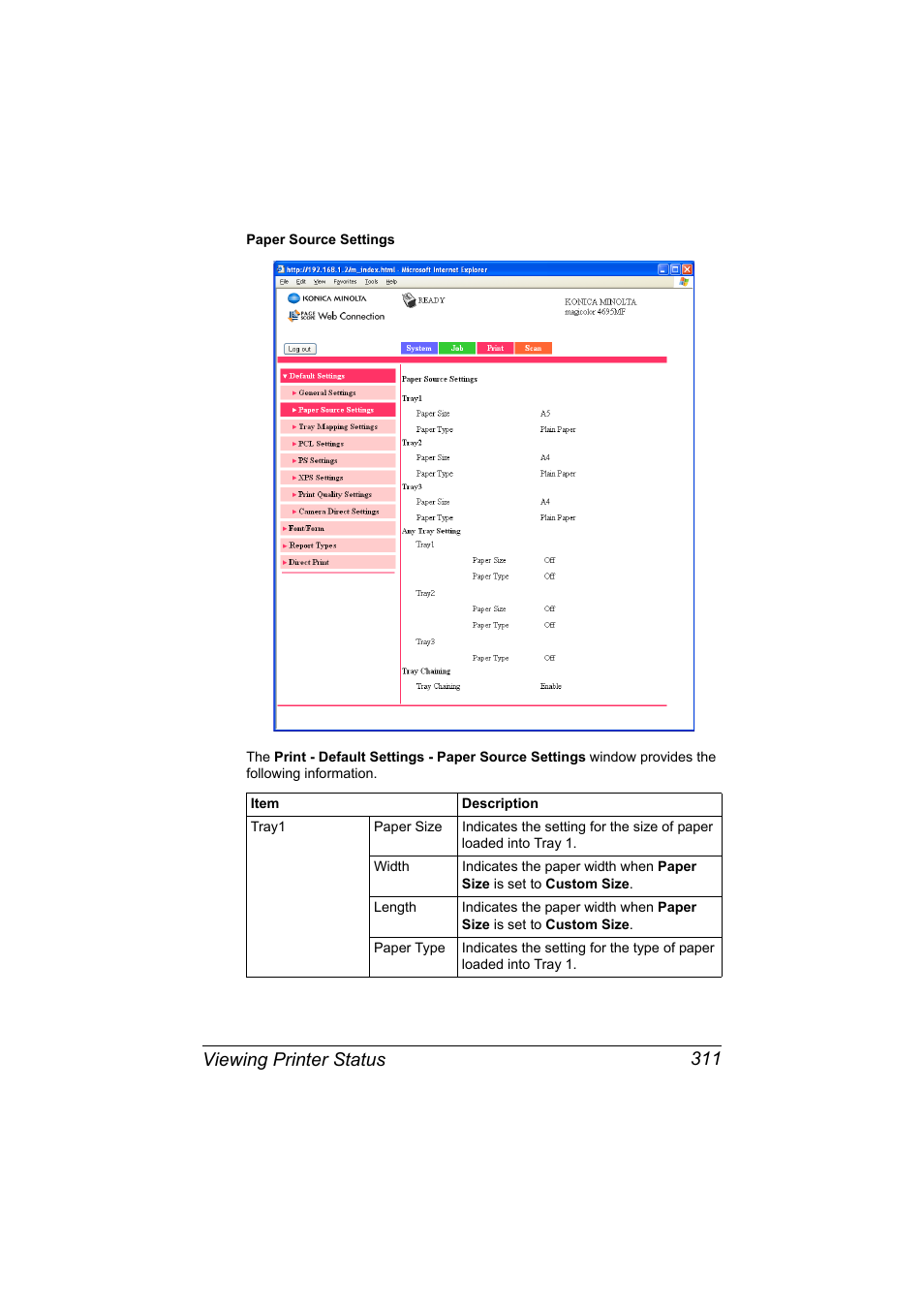 Viewing printer status 311 | Konica Minolta MAGICOLOR 4695MF User Manual | Page 335 / 546