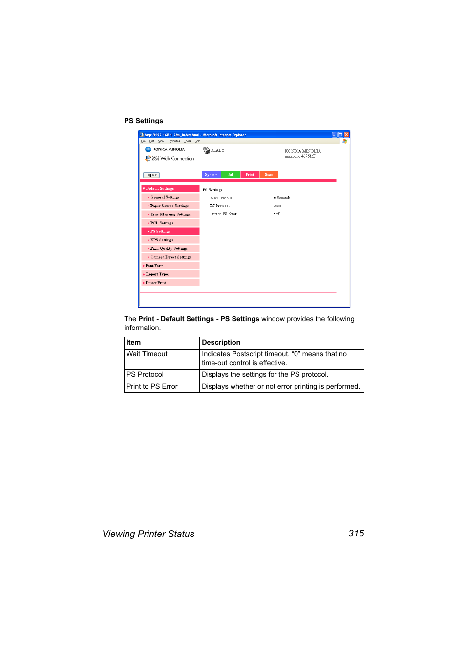 Viewing printer status 315 | Konica Minolta MAGICOLOR 4695MF User Manual | Page 339 / 546