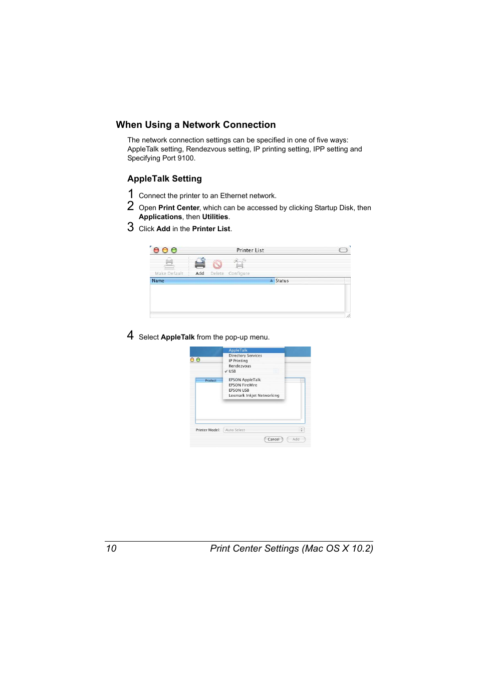 When using a network connection, Appletalk setting, When using a network connection 10 | Appletalk setting 10 | Konica Minolta MAGICOLOR 4695MF User Manual | Page 34 / 546