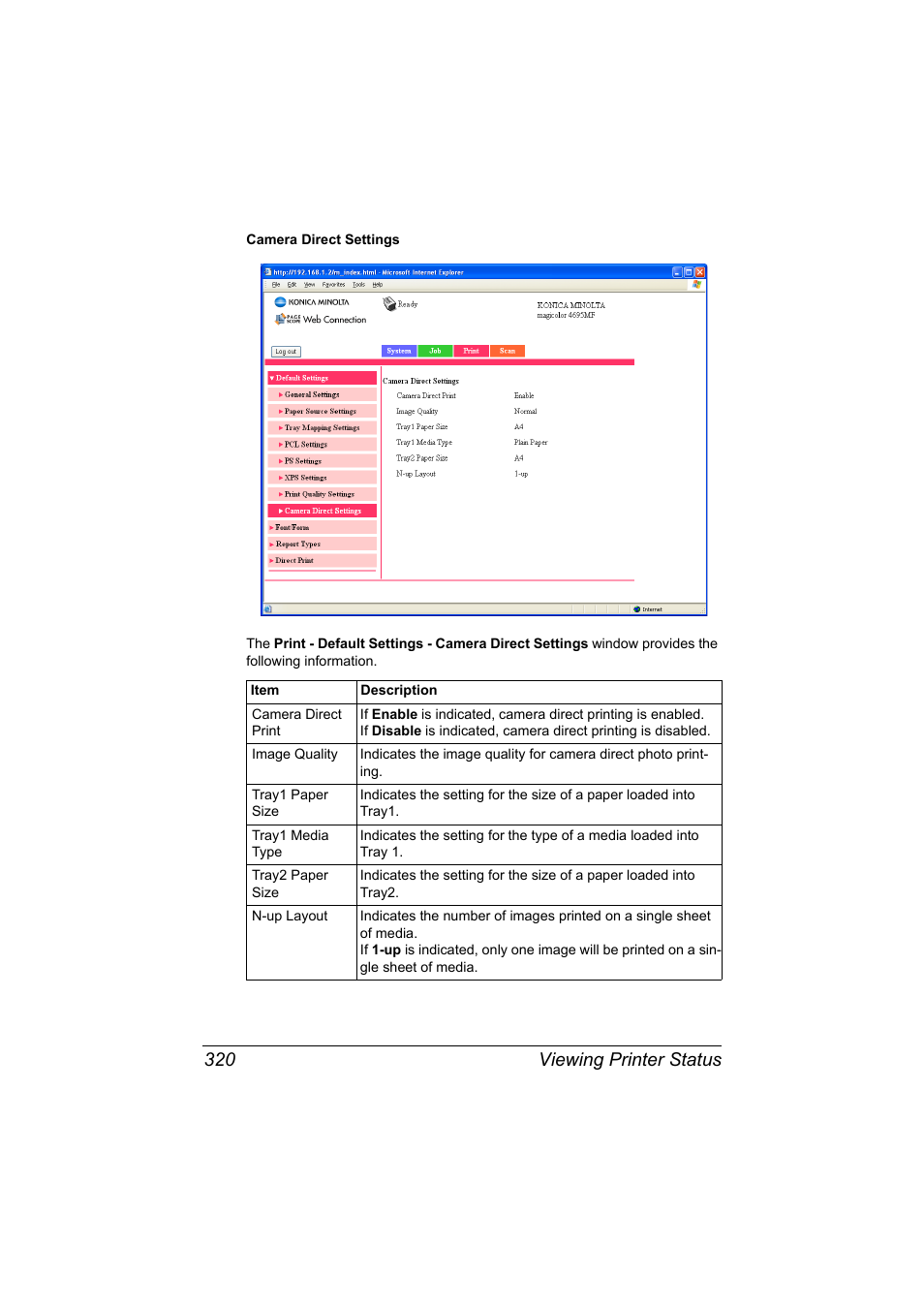 Viewing printer status 320 | Konica Minolta MAGICOLOR 4695MF User Manual | Page 344 / 546