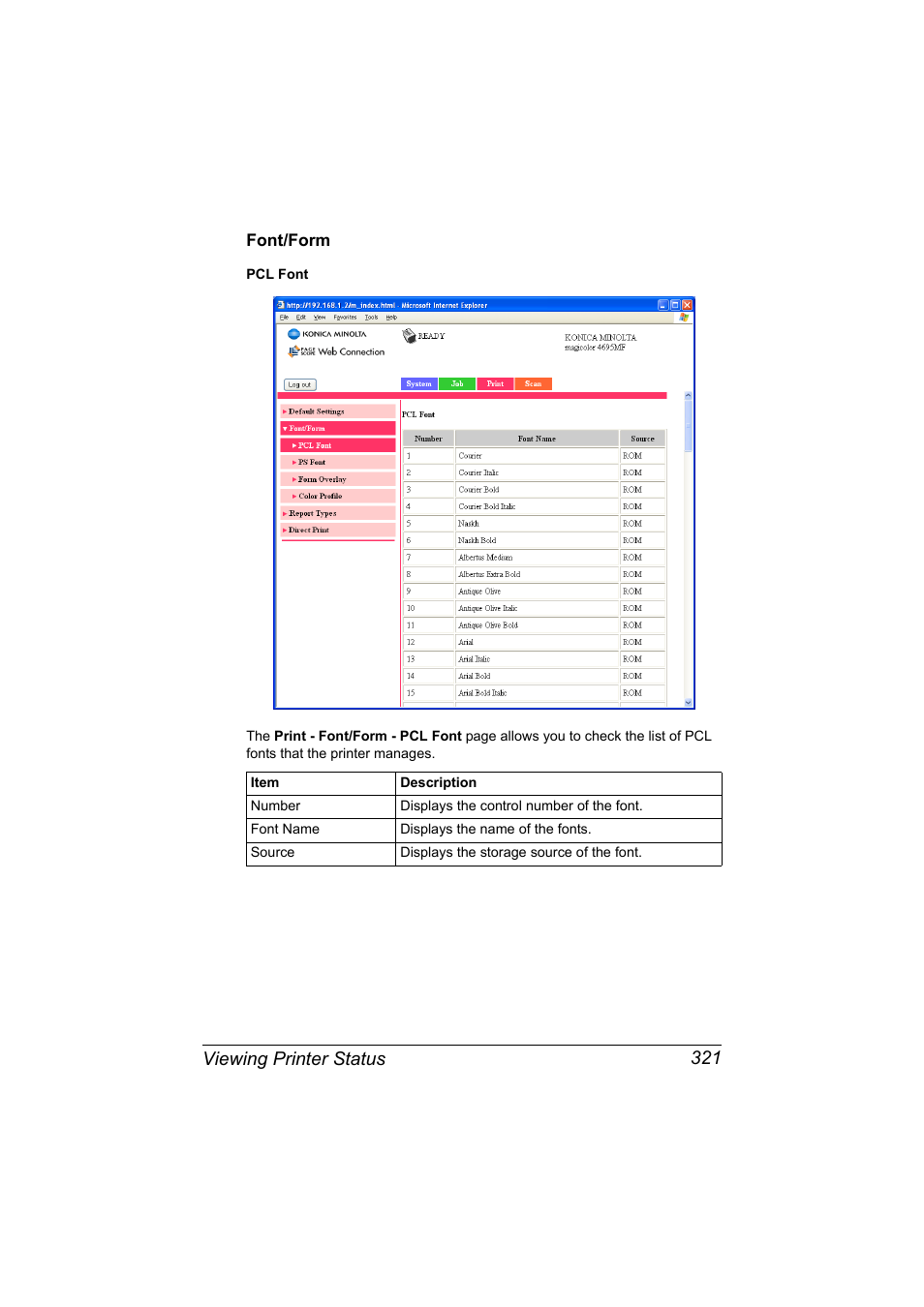 Font/form, Font/form 321, Viewing printer status 321 | Konica Minolta MAGICOLOR 4695MF User Manual | Page 345 / 546