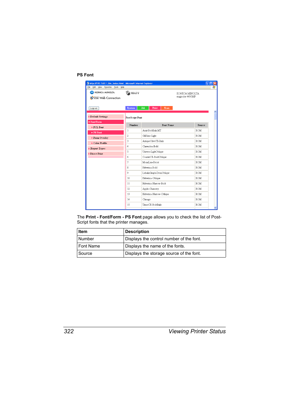 Viewing printer status 322 | Konica Minolta MAGICOLOR 4695MF User Manual | Page 346 / 546