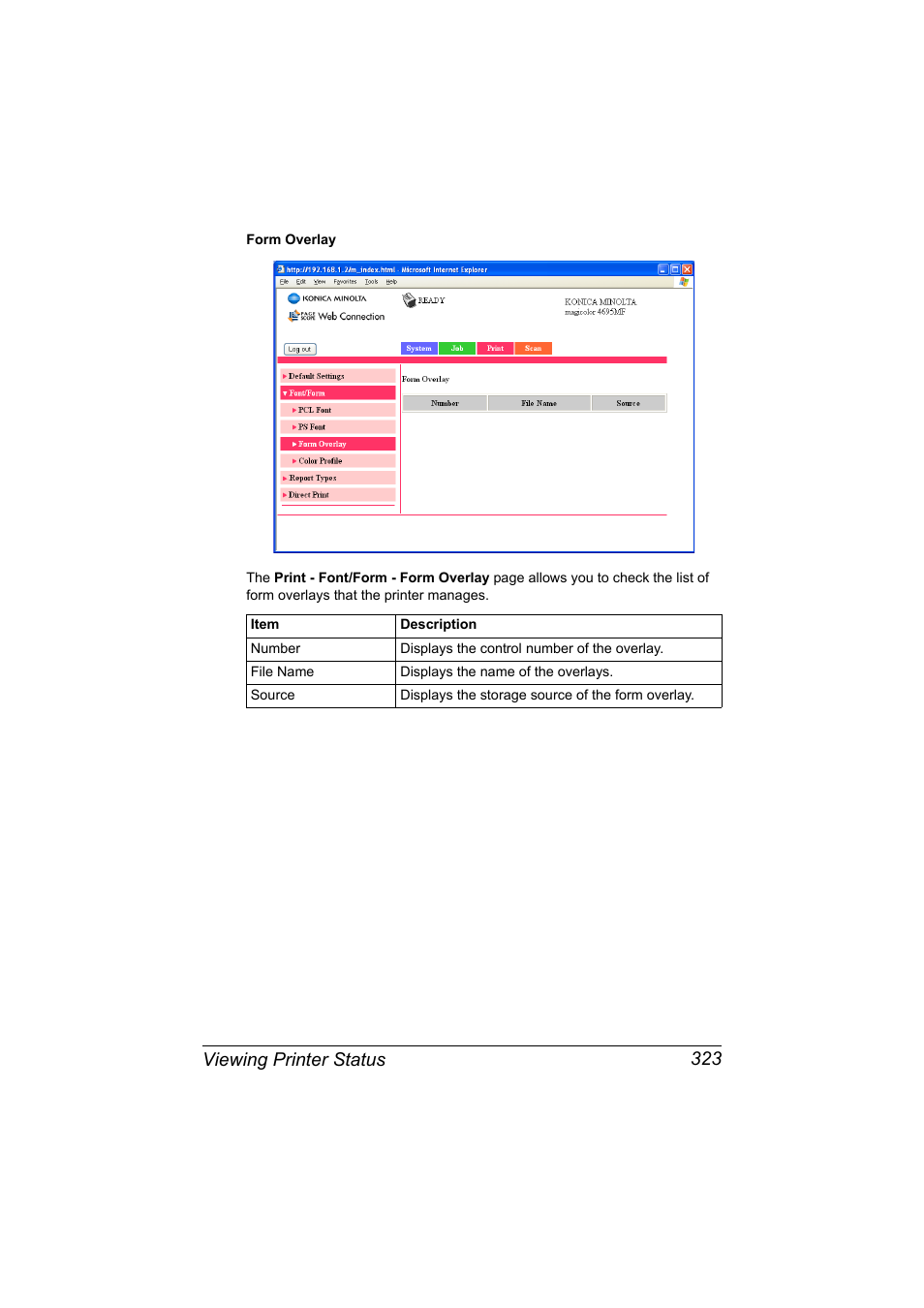 Viewing printer status 323 | Konica Minolta MAGICOLOR 4695MF User Manual | Page 347 / 546