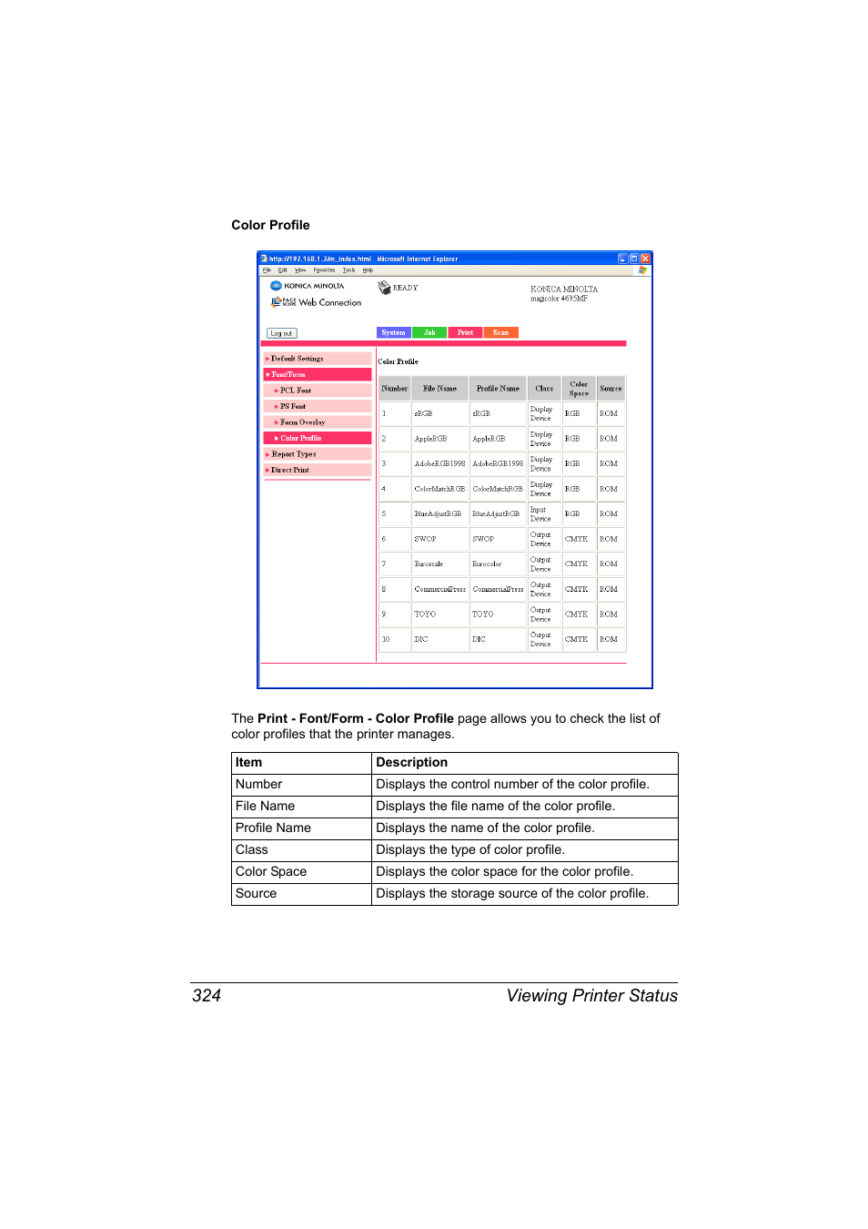 Viewing printer status 324 | Konica Minolta MAGICOLOR 4695MF User Manual | Page 348 / 546