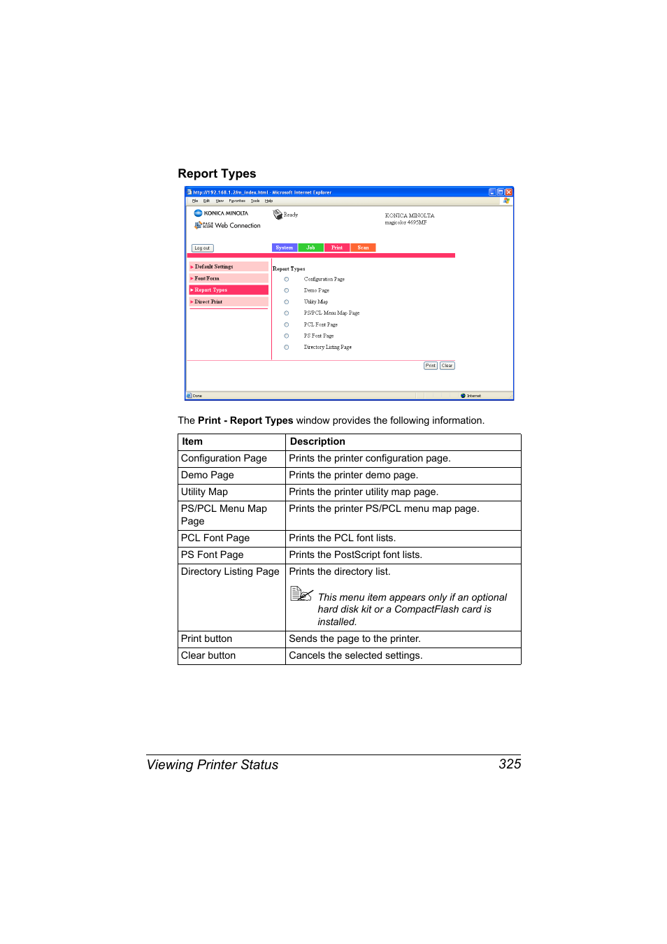 Report types, Report types 325, Viewing printer status 325 | Konica Minolta MAGICOLOR 4695MF User Manual | Page 349 / 546