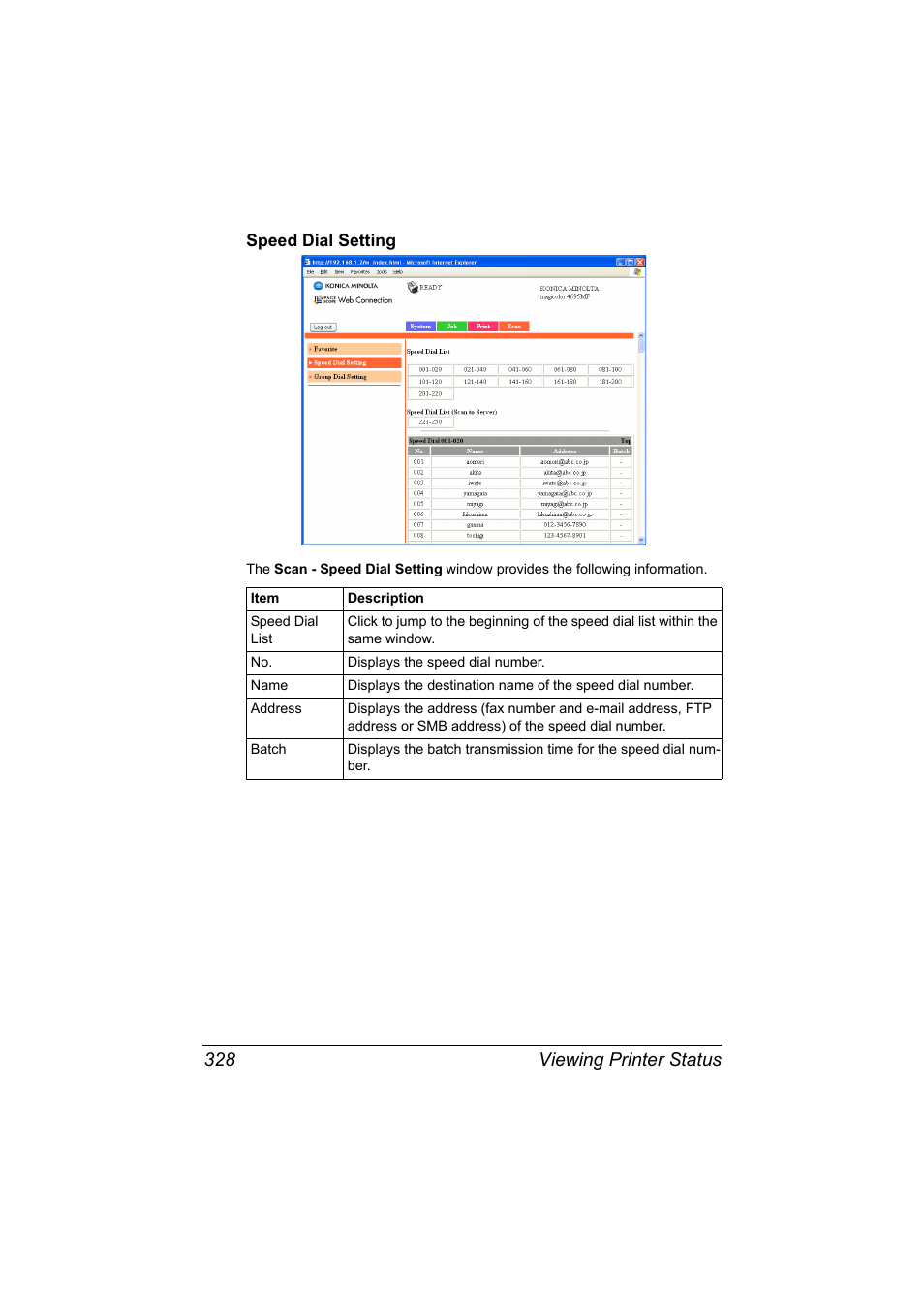 Speed dial setting, Speed dial setting 328, Viewing printer status 328 | Konica Minolta MAGICOLOR 4695MF User Manual | Page 352 / 546