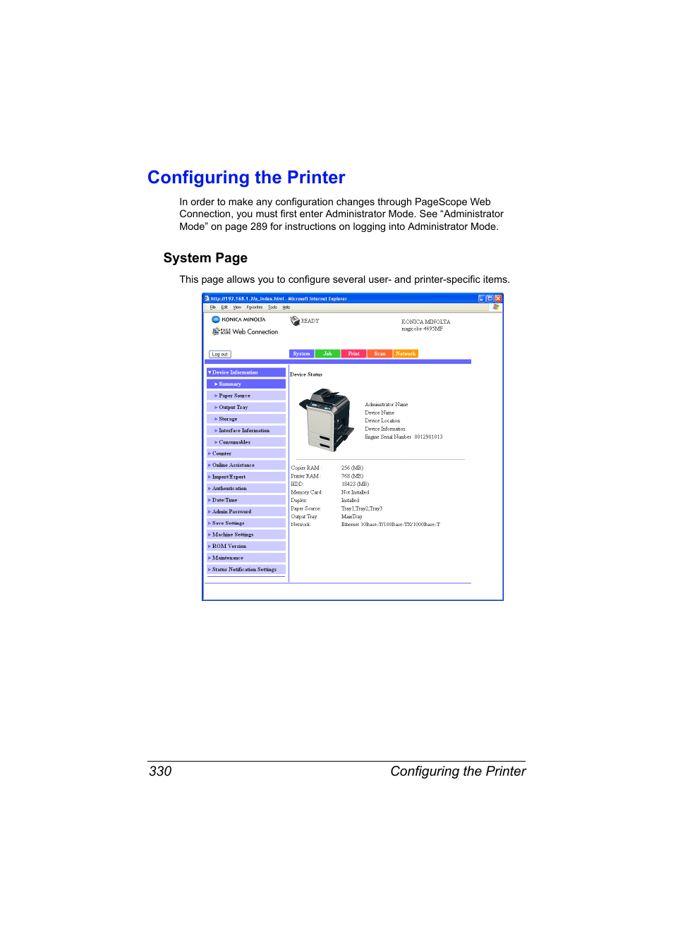 Configuring the printer, Configuring the printer 330 | Konica Minolta MAGICOLOR 4695MF User Manual | Page 354 / 546