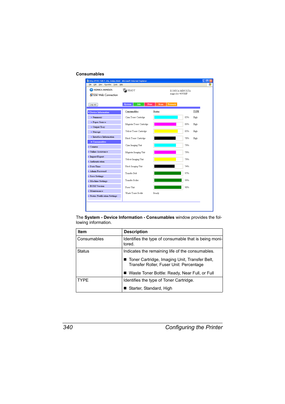 Configuring the printer 340 | Konica Minolta MAGICOLOR 4695MF User Manual | Page 364 / 546