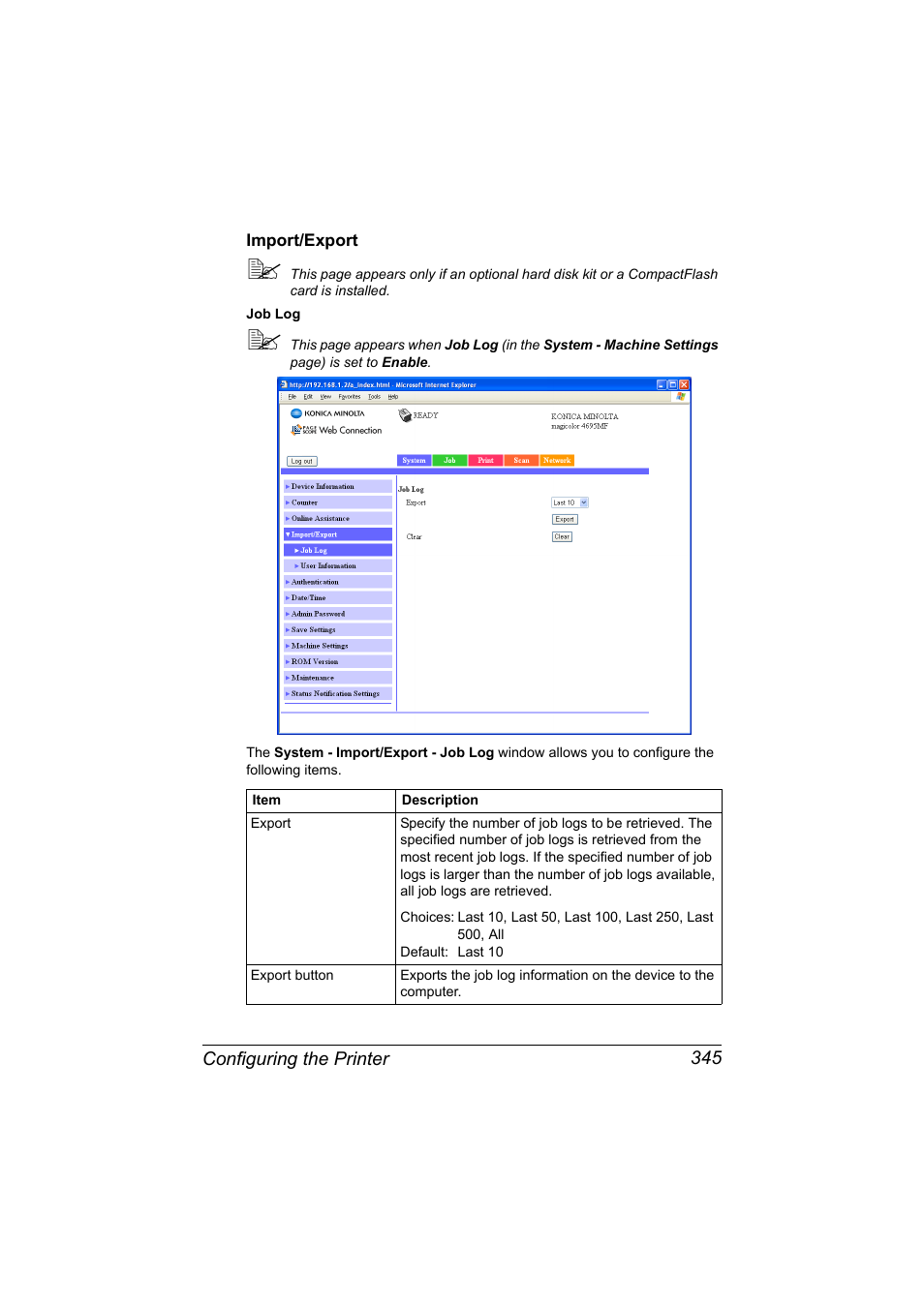 Import/export, Import/export 345 | Konica Minolta MAGICOLOR 4695MF User Manual | Page 369 / 546