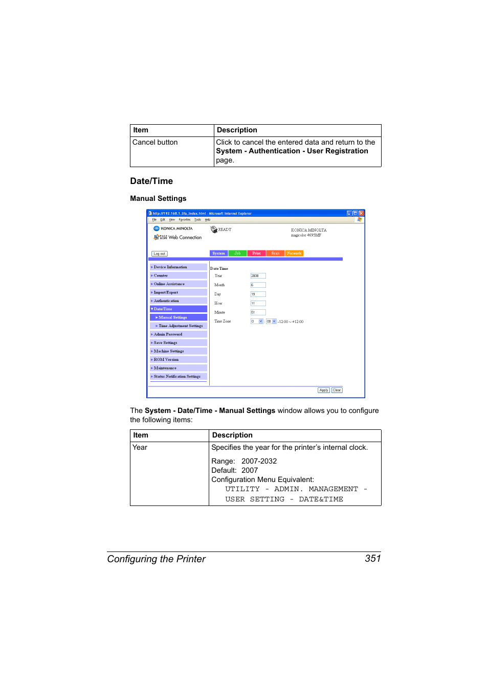 Date/time, Date/time 351, Configuring the printer 351 | Konica Minolta MAGICOLOR 4695MF User Manual | Page 375 / 546