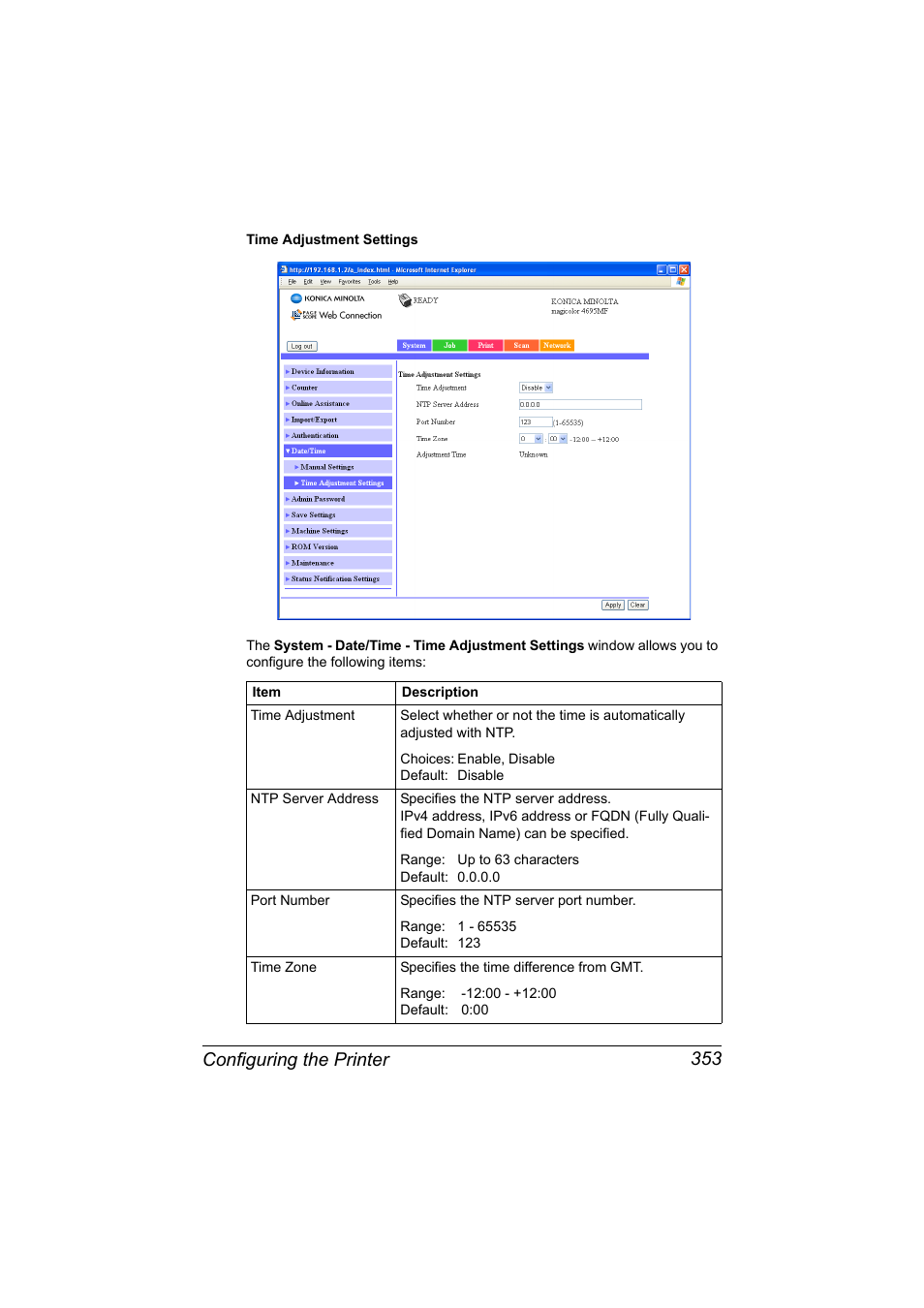 Configuring the printer 353 | Konica Minolta MAGICOLOR 4695MF User Manual | Page 377 / 546