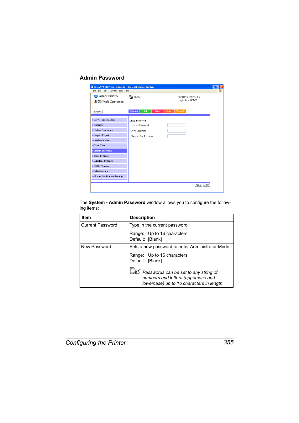 Admin password, Admin password 355 | Konica Minolta MAGICOLOR 4695MF User Manual | Page 379 / 546