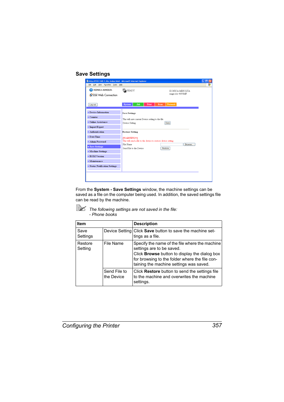 Save settings, Save settings 357 | Konica Minolta MAGICOLOR 4695MF User Manual | Page 381 / 546