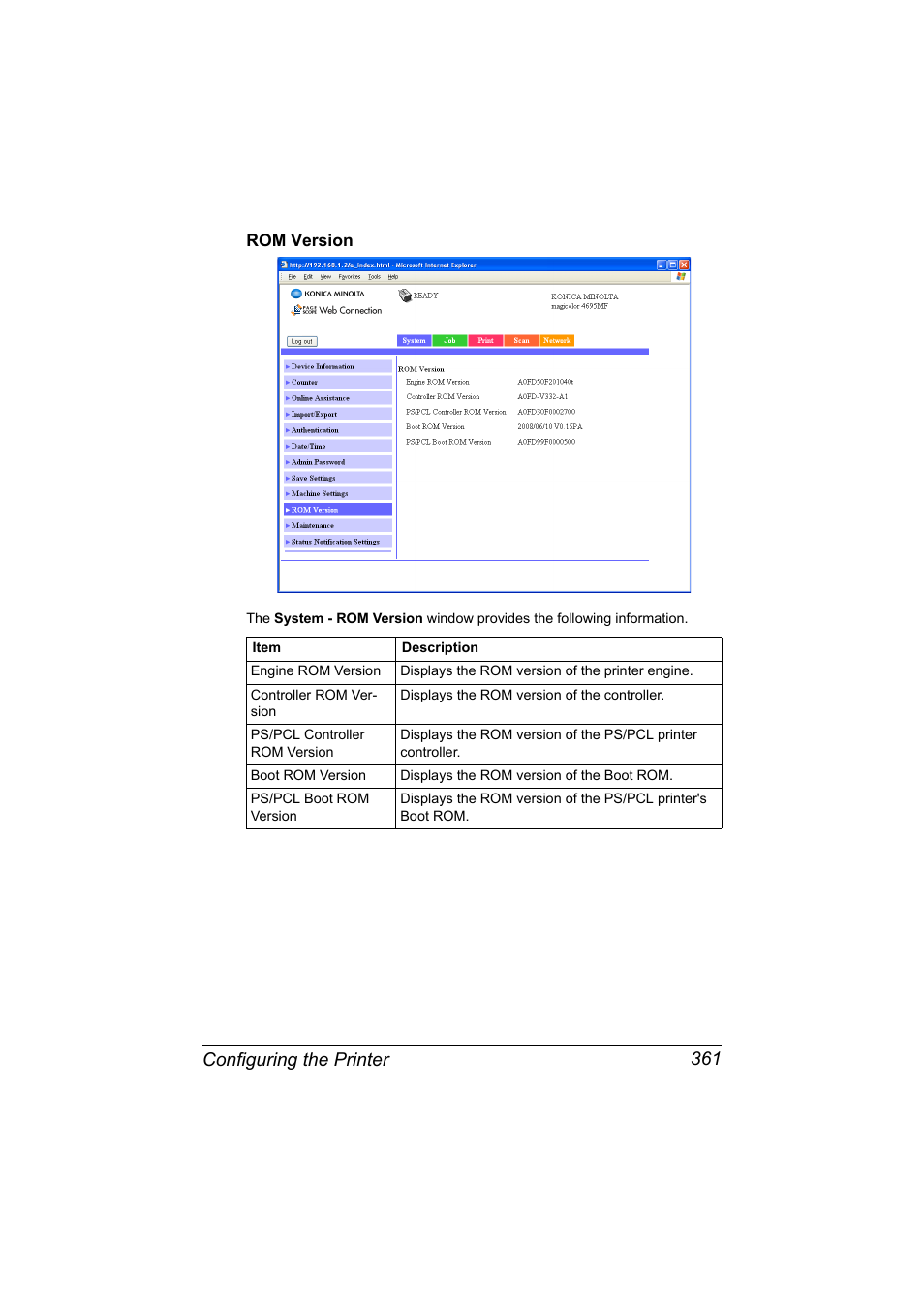Rom version, Rom version 361, Configuring the printer 361 | Konica Minolta MAGICOLOR 4695MF User Manual | Page 385 / 546