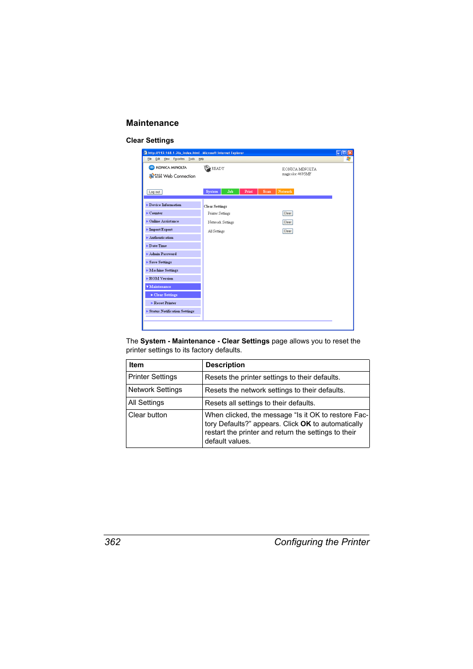 Maintenance, Maintenance 362, Configuring the printer 362 | Konica Minolta MAGICOLOR 4695MF User Manual | Page 386 / 546