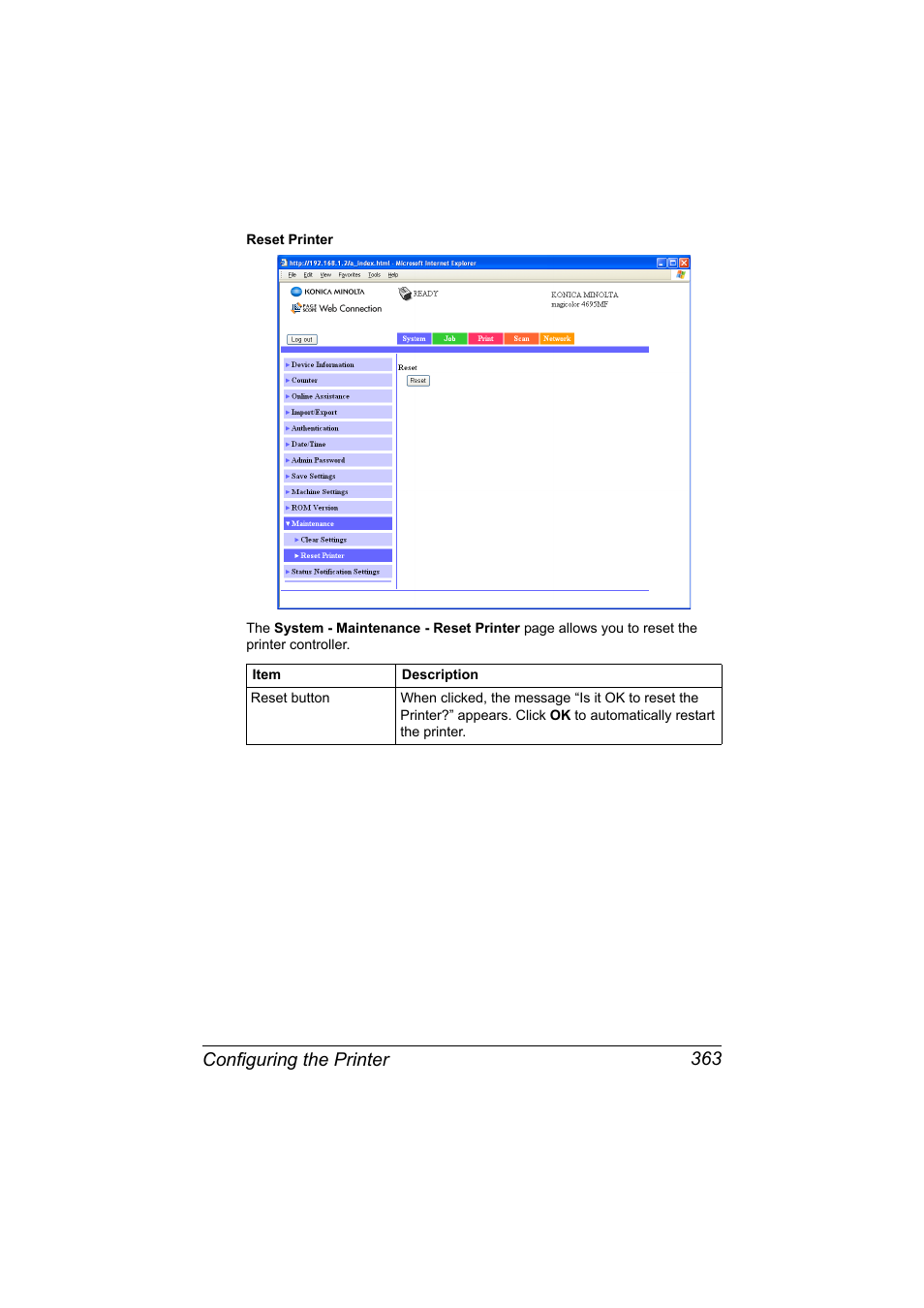 Configuring the printer 363 | Konica Minolta MAGICOLOR 4695MF User Manual | Page 387 / 546