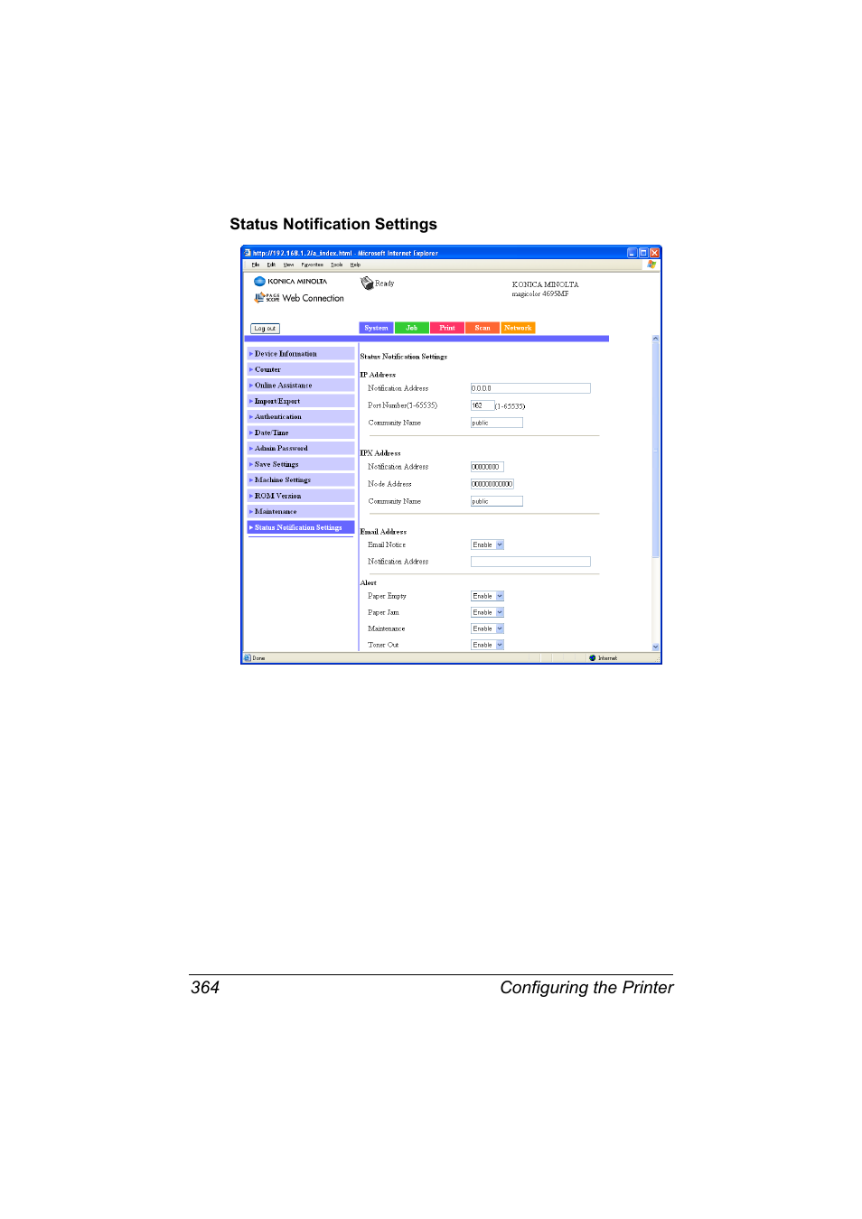 Status notification settings, Status notification settings 364 | Konica Minolta MAGICOLOR 4695MF User Manual | Page 388 / 546