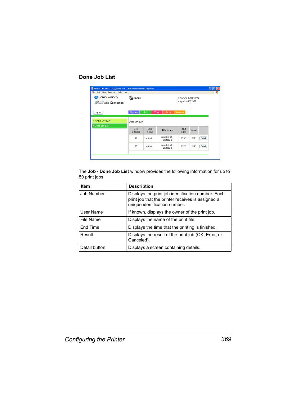 Done job list, Done job list 369, Configuring the printer 369 | Konica Minolta MAGICOLOR 4695MF User Manual | Page 393 / 546