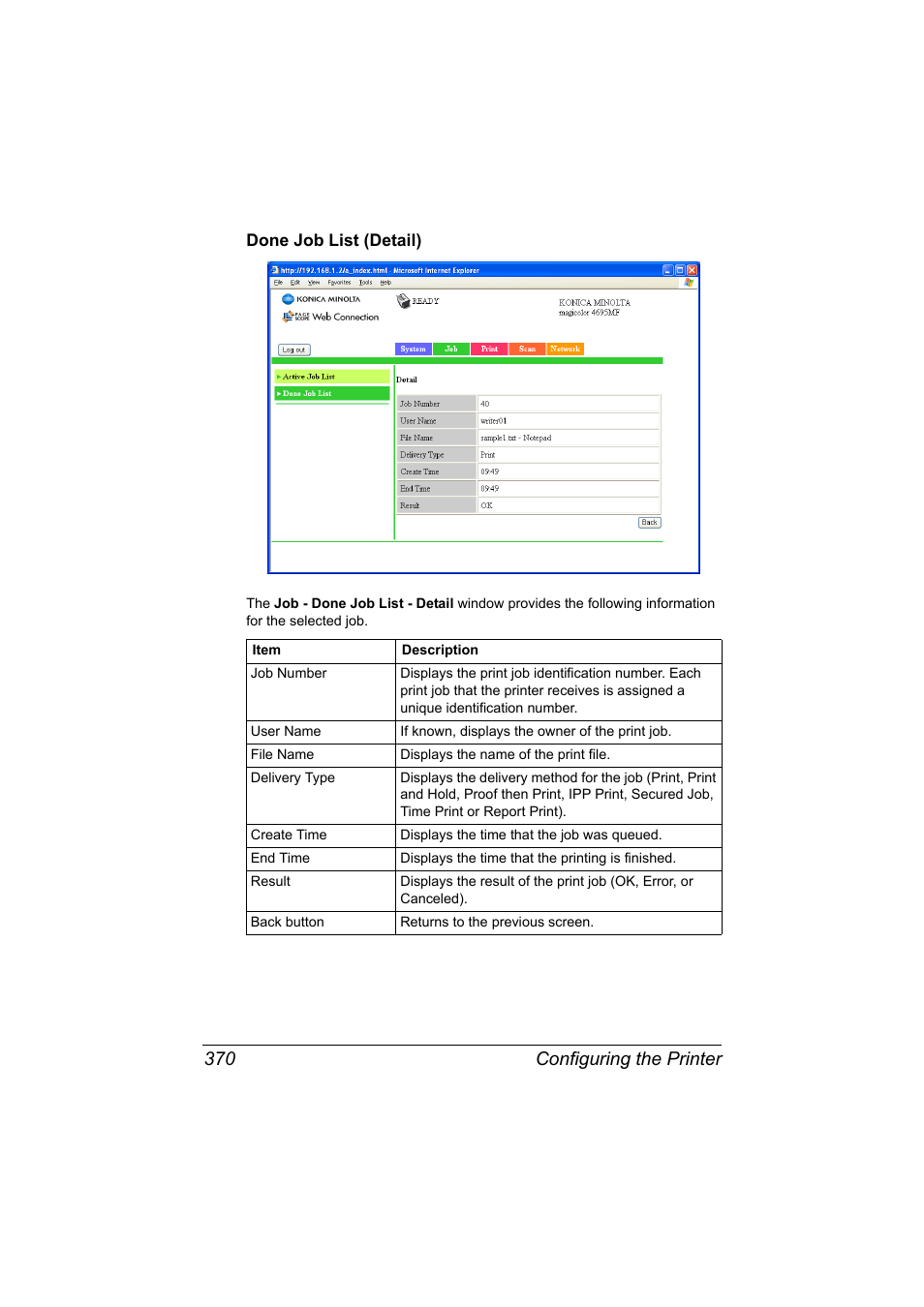 Done job list (detail), Done job list (detail) 370, Configuring the printer 370 | Konica Minolta MAGICOLOR 4695MF User Manual | Page 394 / 546
