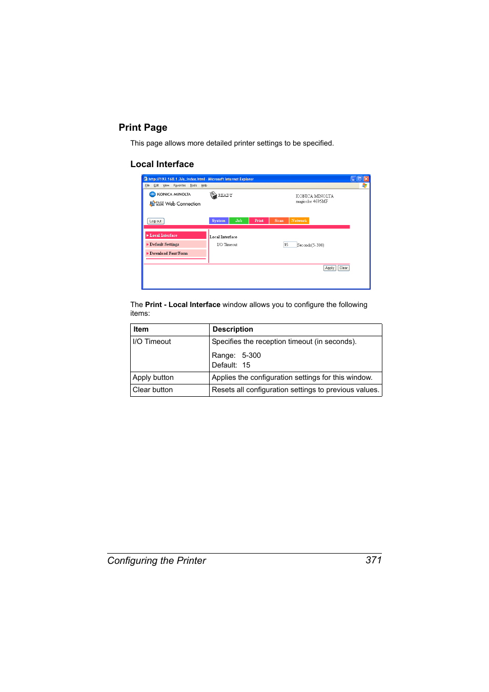 Local interface, Local interface 371, Configuring the printer 371 print page | Konica Minolta MAGICOLOR 4695MF User Manual | Page 395 / 546