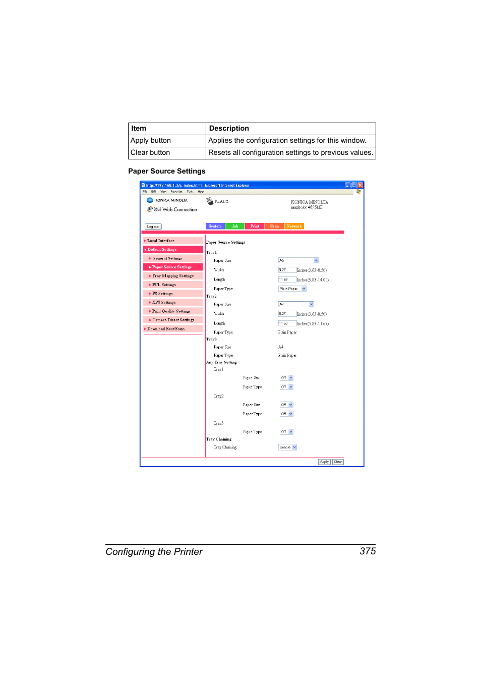 Configuring the printer 375 | Konica Minolta MAGICOLOR 4695MF User Manual | Page 399 / 546