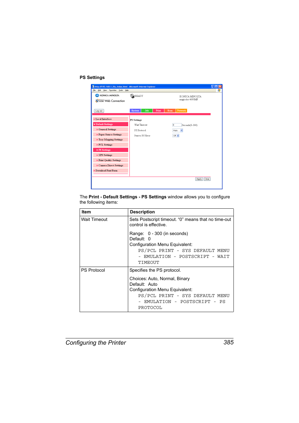 Configuring the printer 385 | Konica Minolta MAGICOLOR 4695MF User Manual | Page 409 / 546